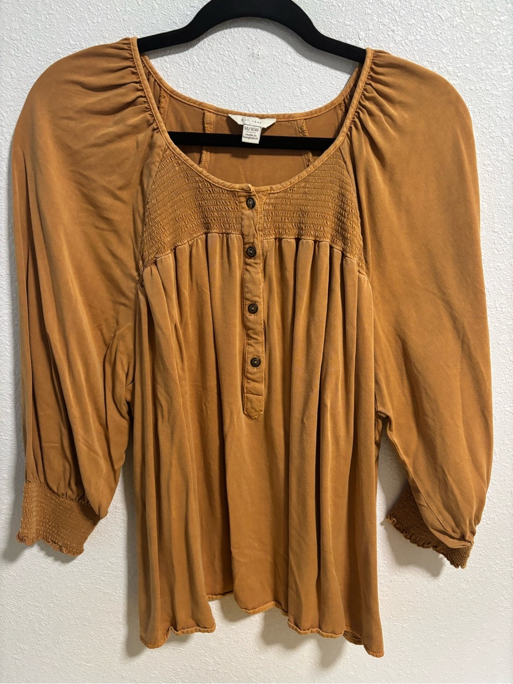 Women’s Mustard Button-Front Smocked Peasant Tunic
